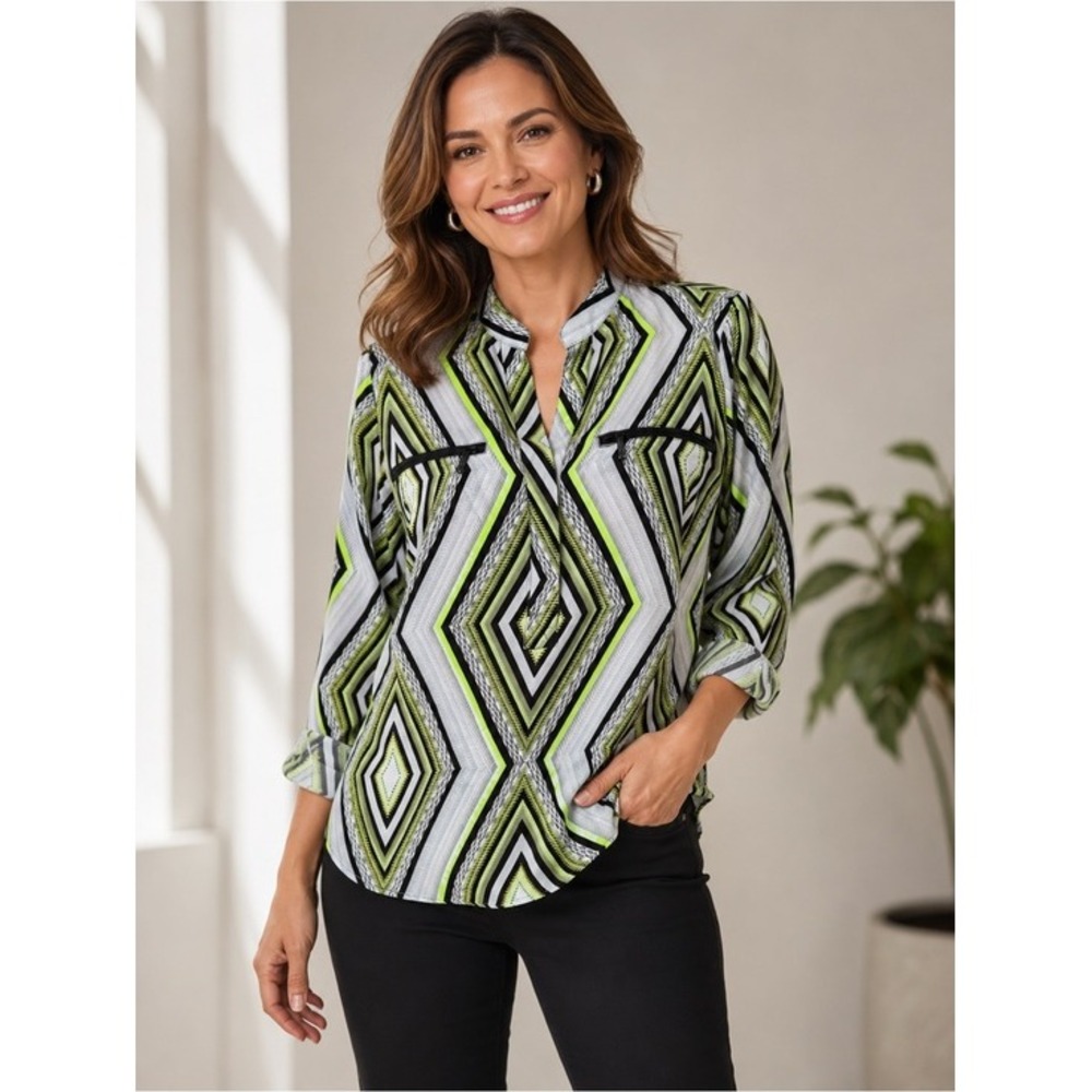 MICHAEL KORS- Neon Geometric, Black & Green Top. Roll up Sleeves. Sz 2.